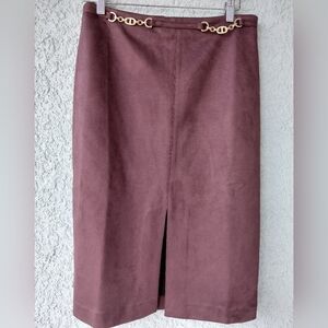 Ann Taylor Brown Faux Suede Pencil Skirt with Gold Chain